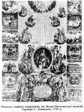 Титульна сторінка Академічних тез Києво-Могилянської академії. Гравюра Г. Лемцького, 1739 р
